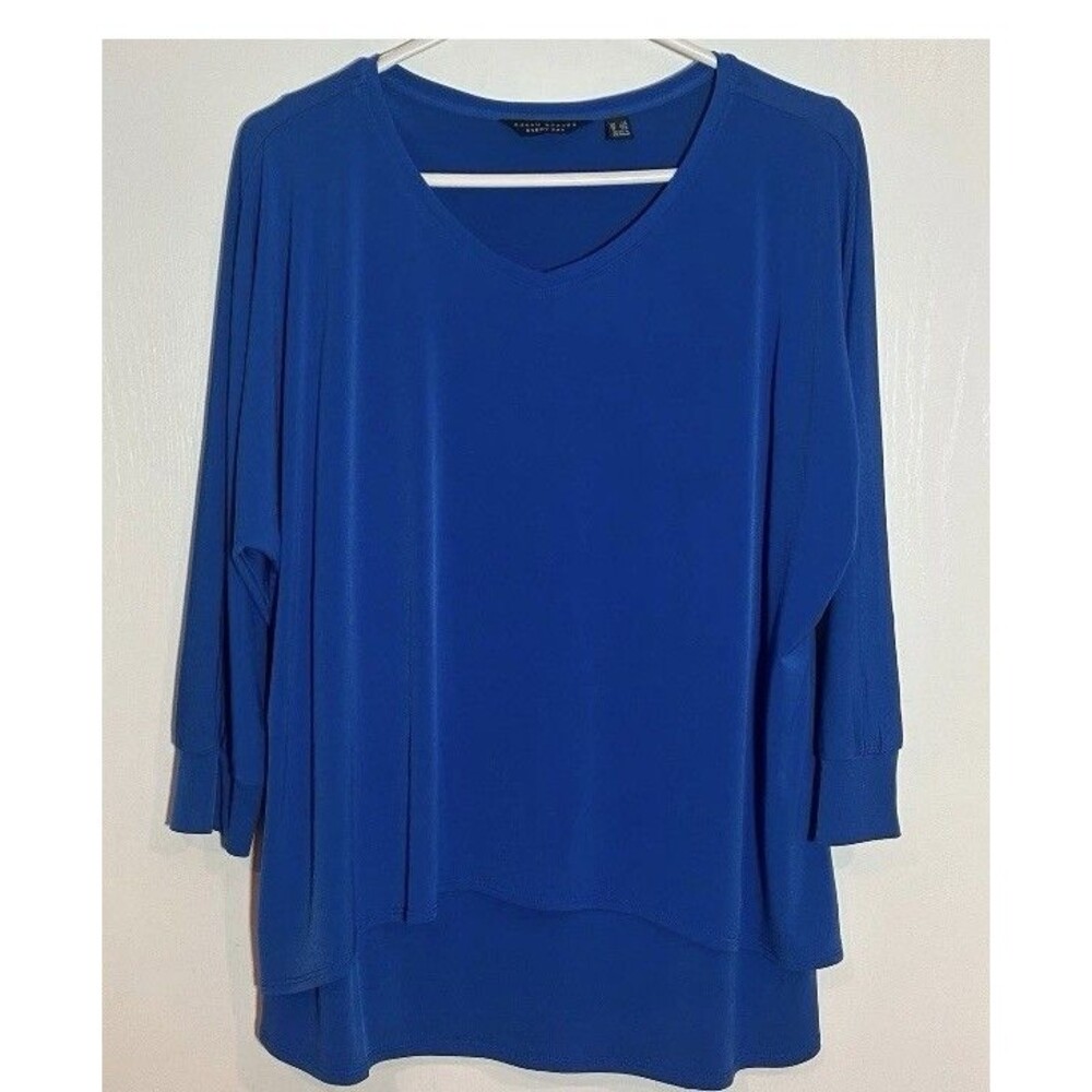 Susan Graver Everyday Top PL Blue V Neck 3/4 Sleeve High Low Tunic L Petite